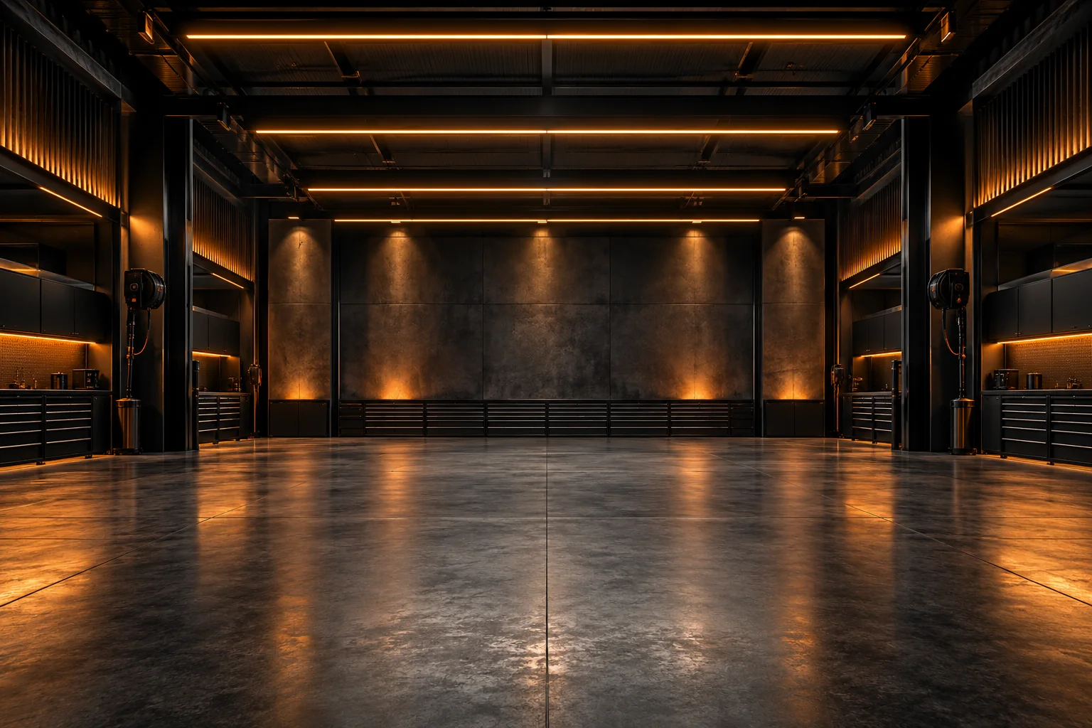 Illustrative automotive service bay with amber lighting